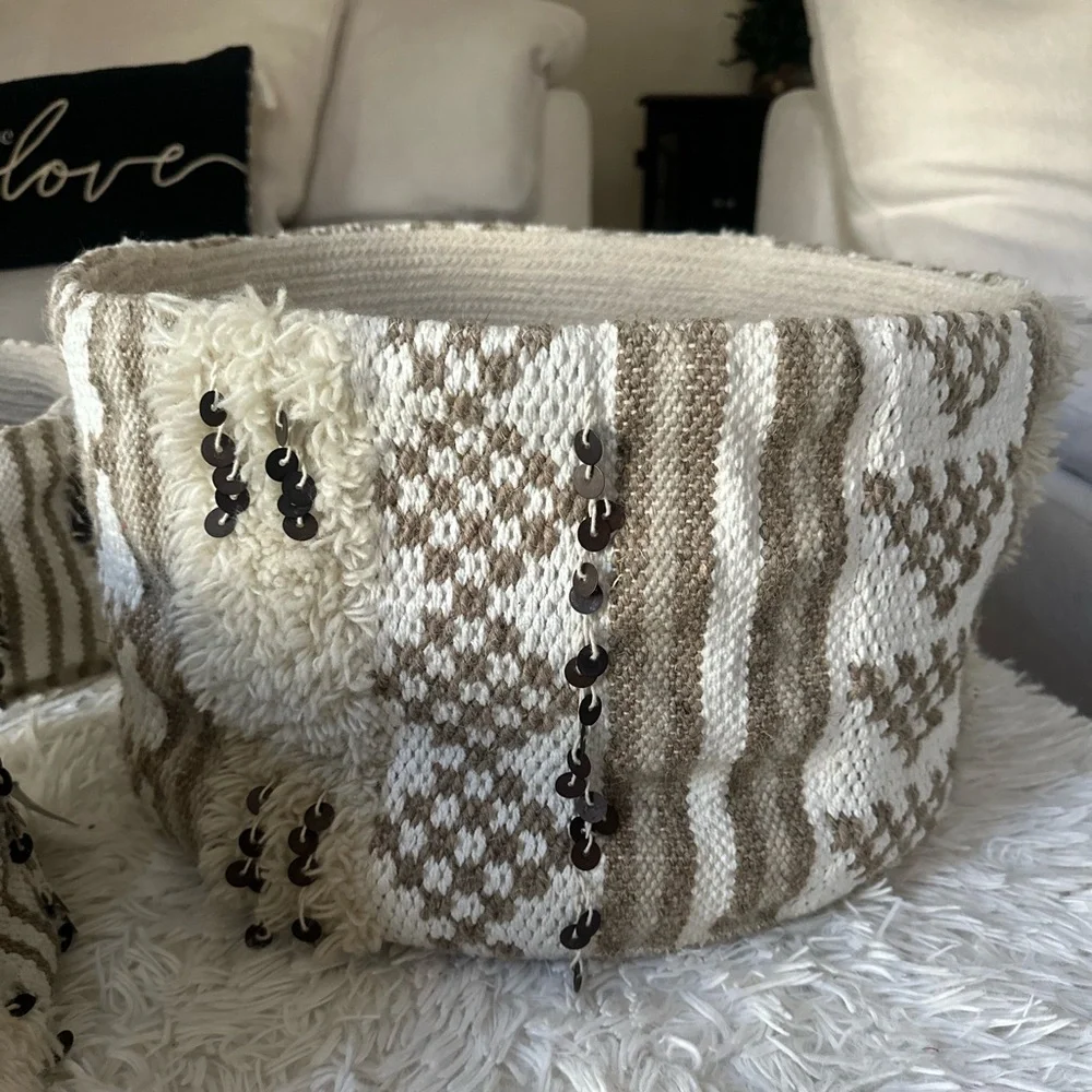 RH TEEN Moroccan Embellished Storage Basket Set Natural Size: 1 Med 2 Small
